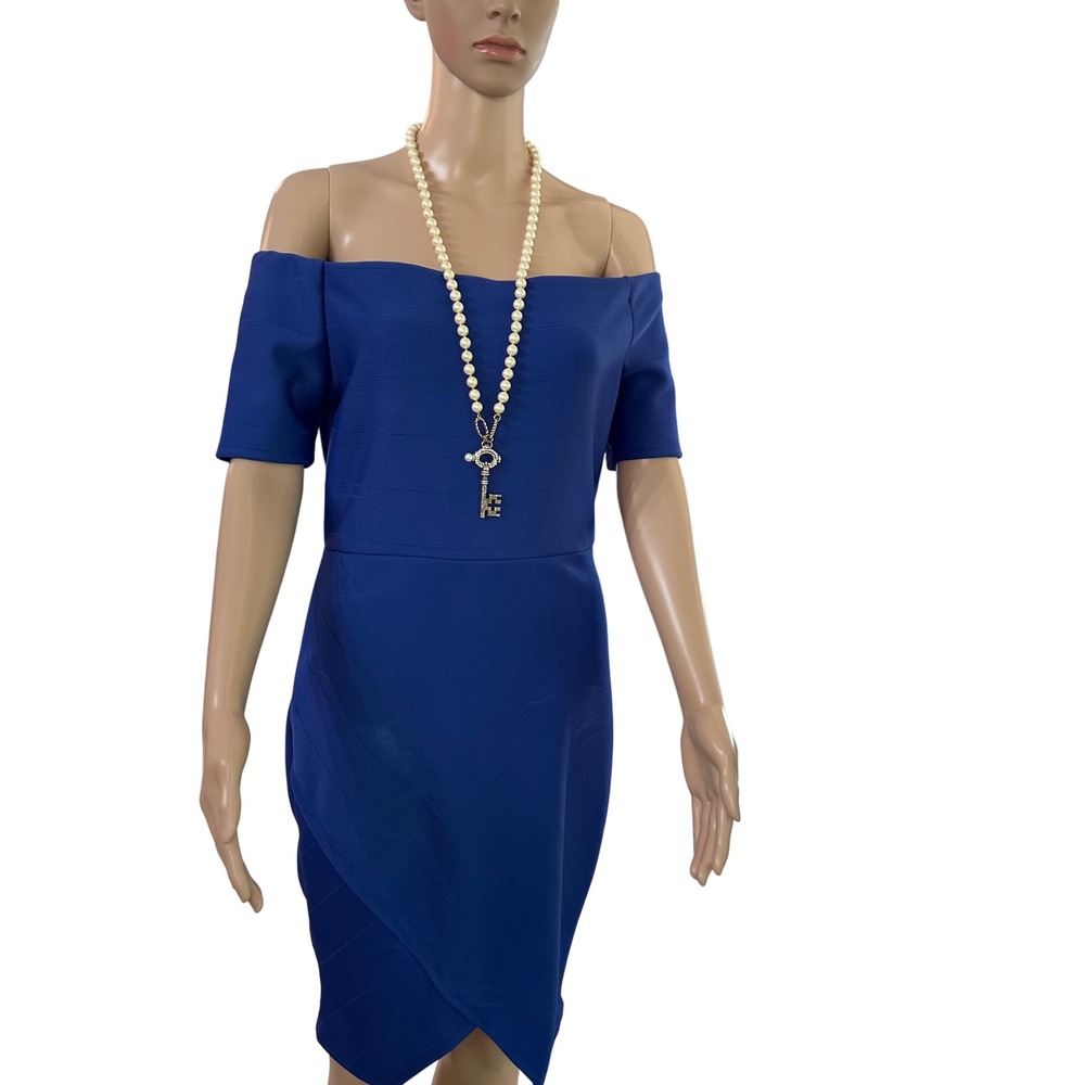 Fashion Nova Royal Blue Off The Shoulder Bodycon Dress Size L Elastic Stretch - Picture 3 of 7